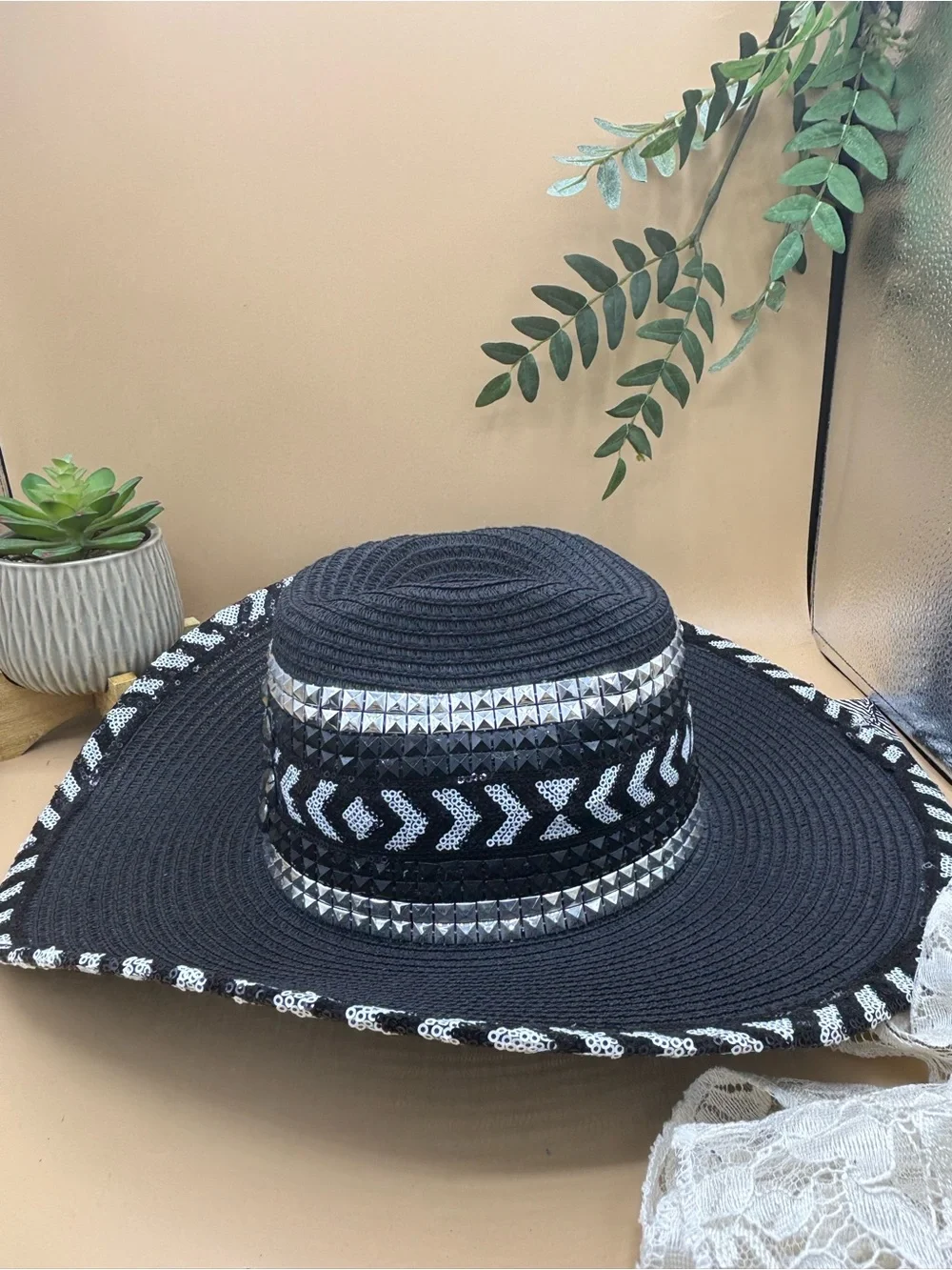 Whittall & Shon Black Silver Sequin Wide Brim Church Derby Statement Hat